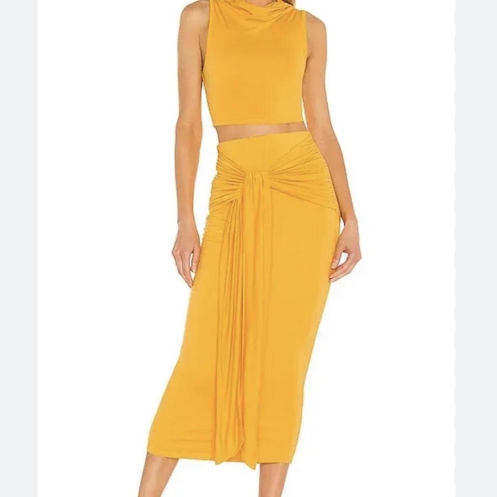 Camila Coelho 2 Piece Skirt Set Womens Size M Yellow Knot Front Midi Crop Top